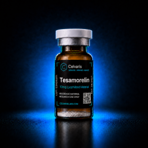 Tesamorelin 10mg vial, Celvaris Labs reference material, research use only